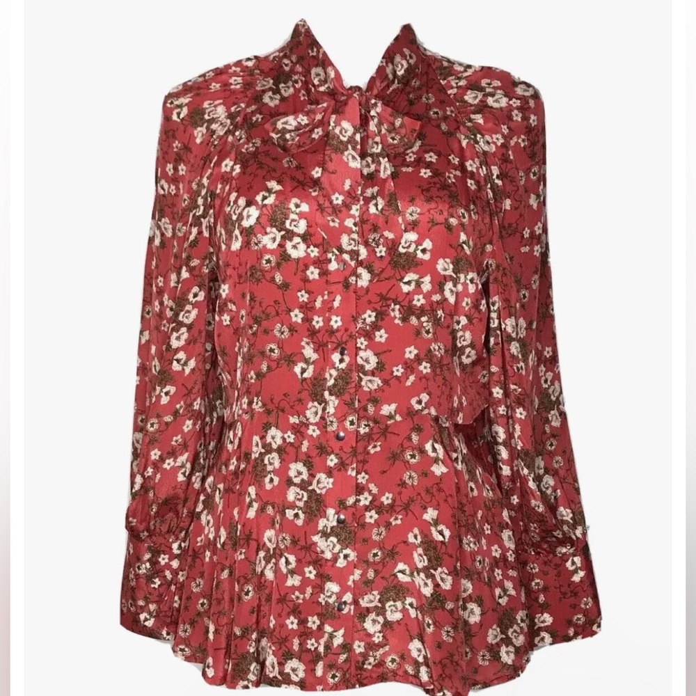 Zara Floral Print Tie Neck Button Front Peplum Blouse S